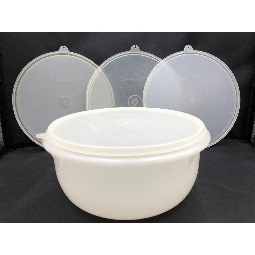 Vintage Tupperware White Mixing Bowl 272 ~12-Cup + (4) Sheer Sealing Lids 230